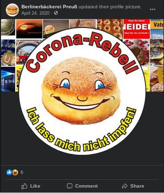 Facebook Profilbild der Berlinerbäckerei Preuß. Im Bild steht "Corona-Rebell Ich lasse mich nicht impfen" und ein Berliner mit einem lachenden Gesicht
